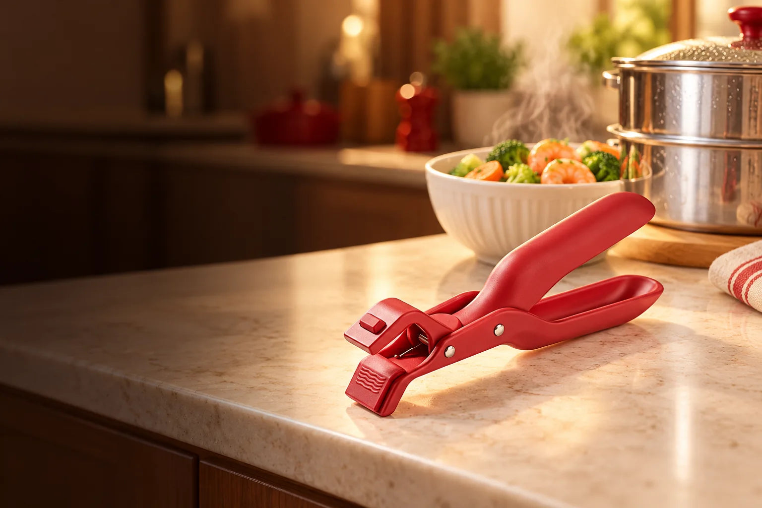 Red hot plate gripper beside a freshly cooked bowl in a warm kitchen