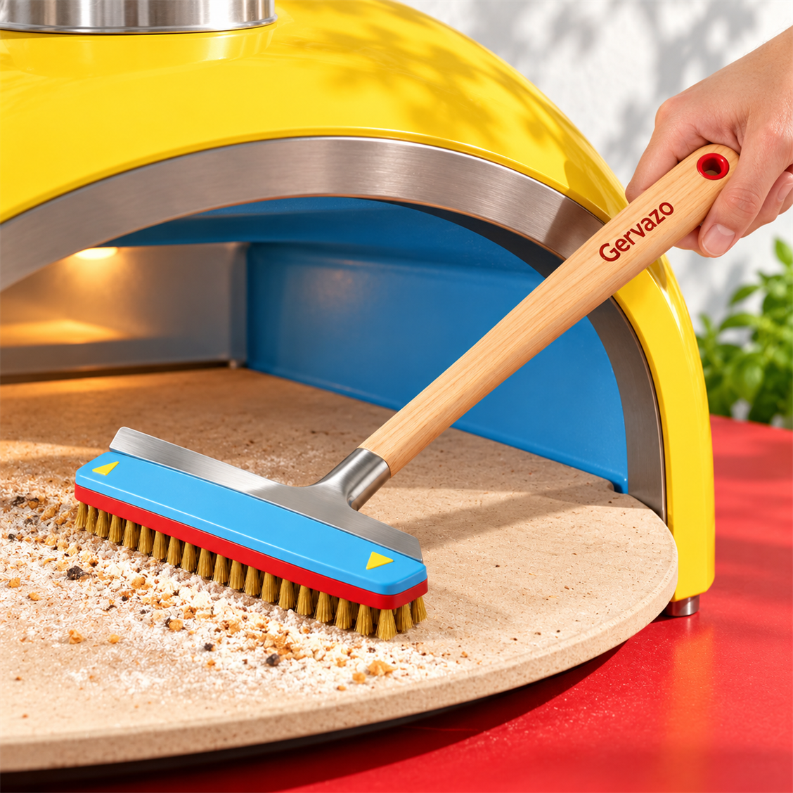 Gervazo Stone Deck Oven Brush detail and in-use view